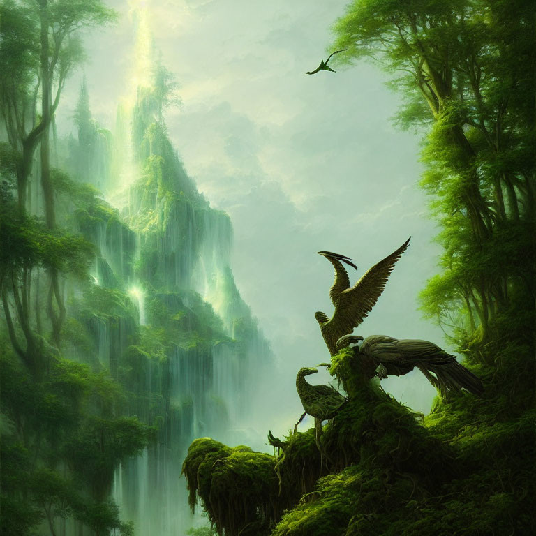 Mystical forest with green cliffs, waterfalls, bird, and dragon-like creature