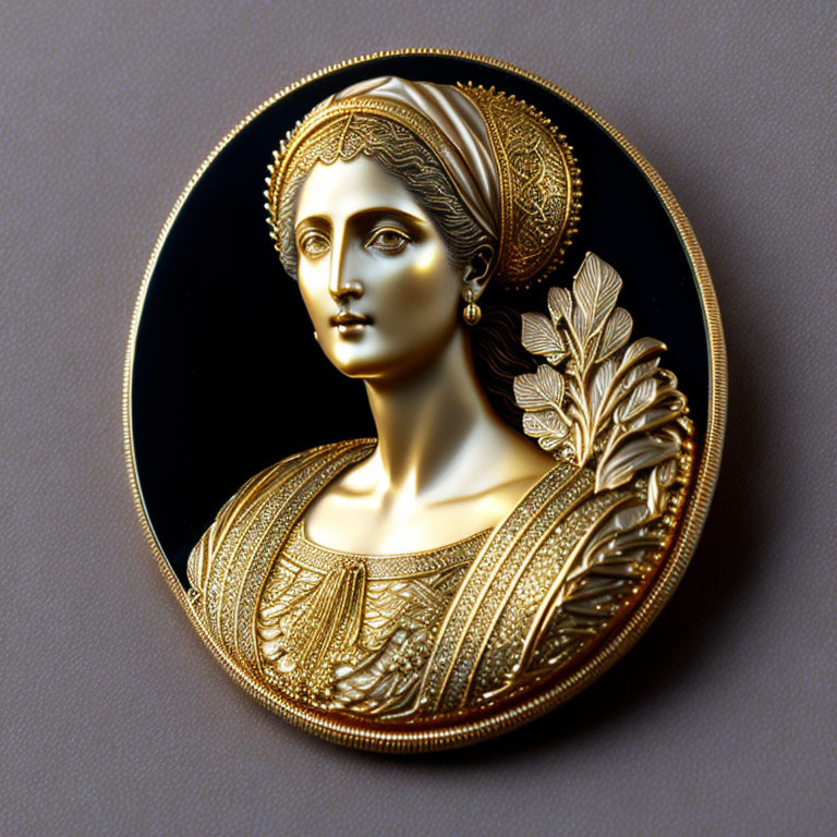 Circular Woman Profile Cameo with Gold Leaf Motifs on Black Background
