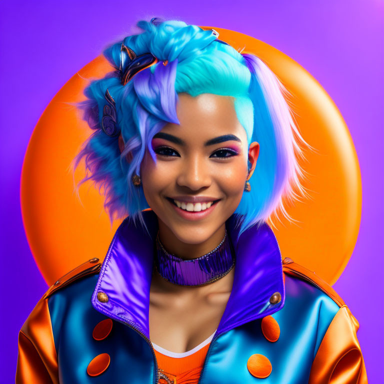 Colorful portrait of person with blue hair and orange headphones in vibrant leather jacket on purple background