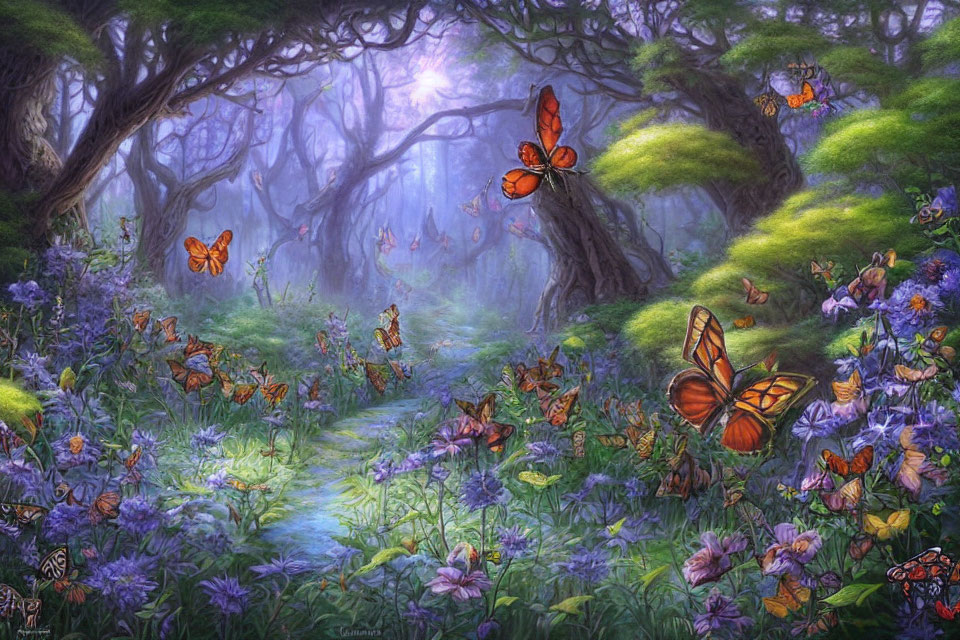 Mystical forest with purple flowers, moss, and butterflies