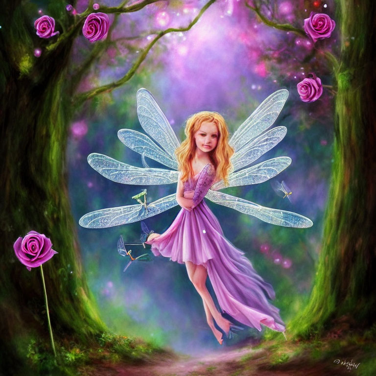 Young girl with large wings in lilac gown in magical forest with vibrant trees, roses, and lights