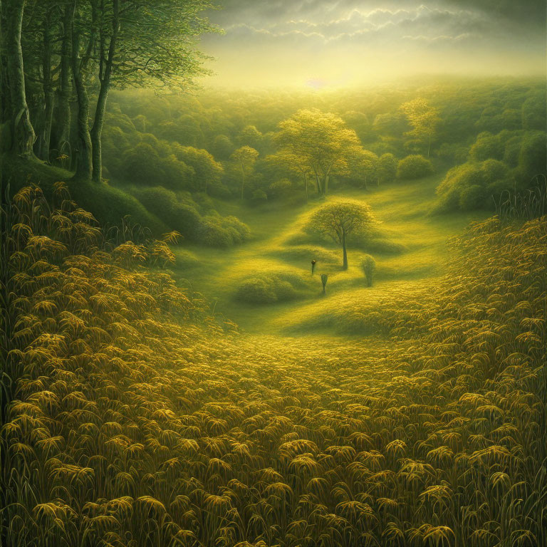 Tranquil forest clearing with figure in tall grass and sunlight piercing through