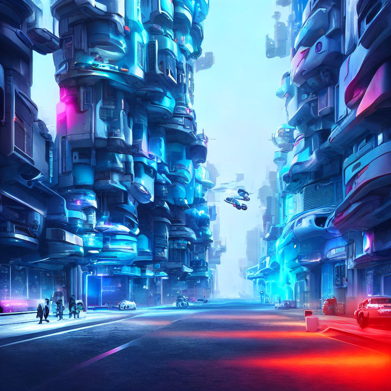High-Tech Cityscape with Neon Lights and Flying Cars
