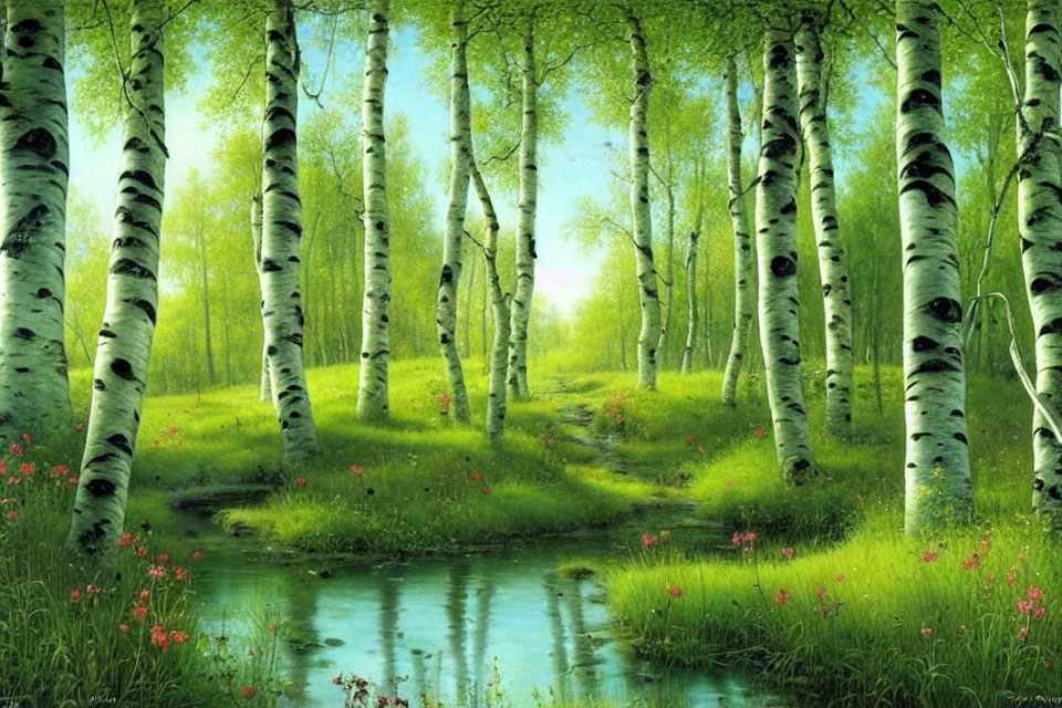 Tranquil Birch Forest with Stream and Wildflowers