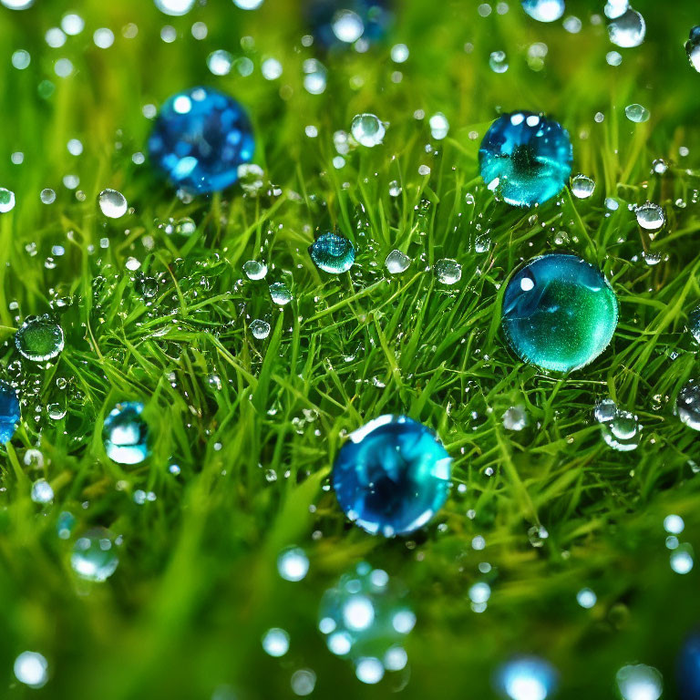 Macro photography: Dew drops on vibrant green grass with blue reflections