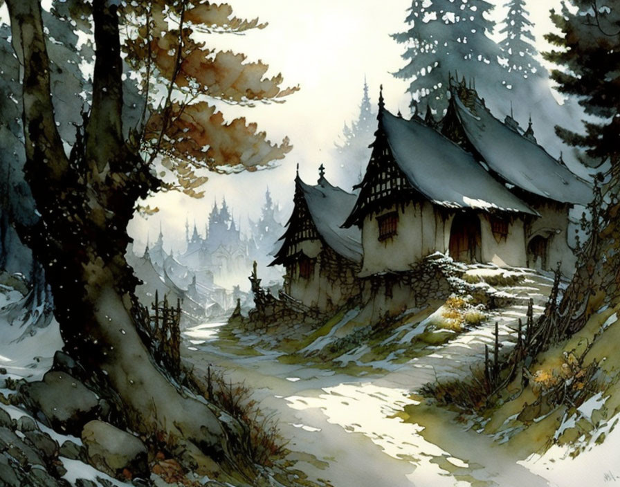 Snowy landscape watercolor with cottages and pine trees - serene scene.