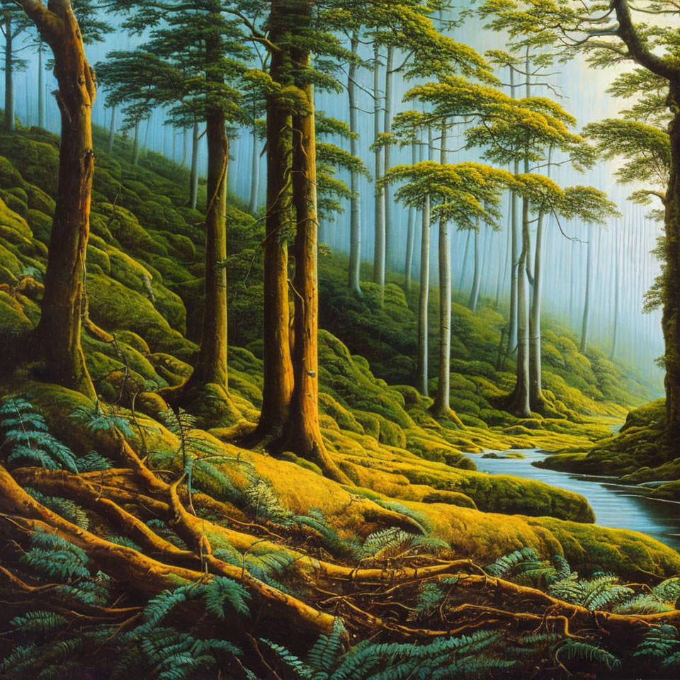 Tranquil Forest Scene: Tall Trees, Mossy Ground, Ferns, and Stream