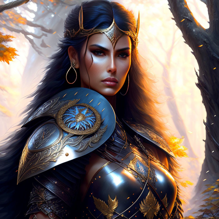 Warrior woman in ornate armor in autumn forest with blue eyes.