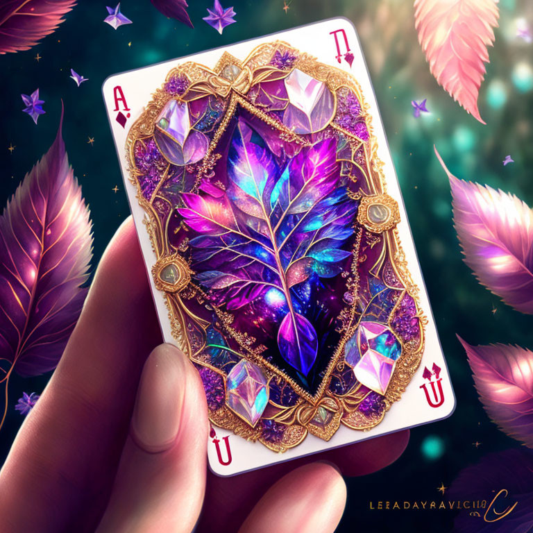 Illustrated Ace of Spades Card with Purple Leaf Design and Gold Detailing