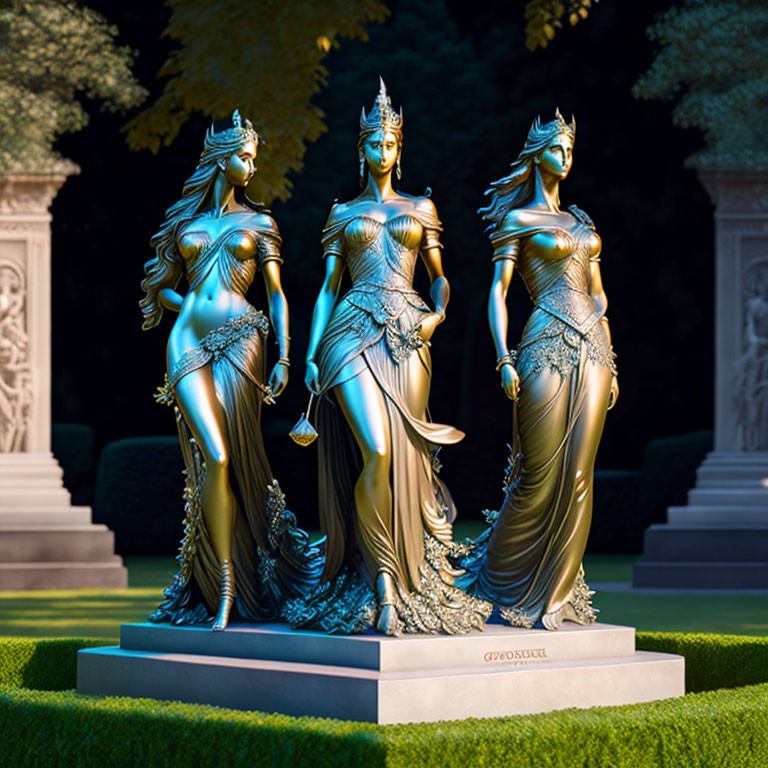 Three golden statues of mythological female figures in flowing gowns and intricate helmets on a garden pedestal at