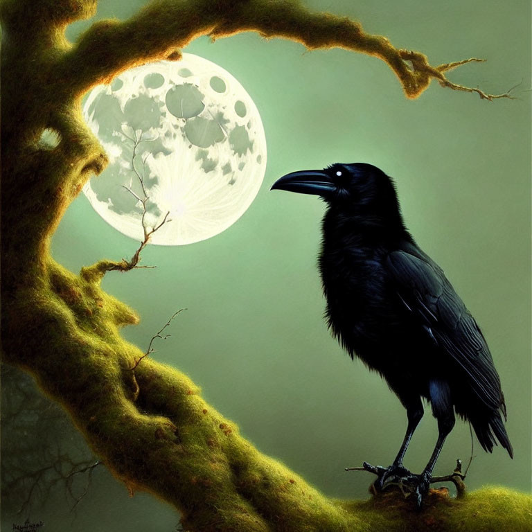 Raven on Mossy Branch Under Full Moon Night Scene