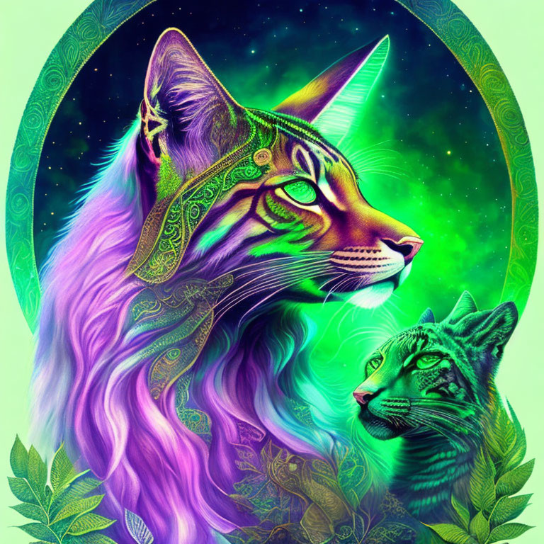 Colorful Stylized Cats Artwork on Neon Green Background