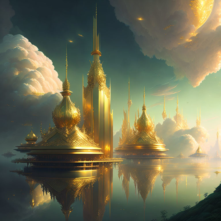 Golden city with ornate spires floating above calm lake in luminous sky