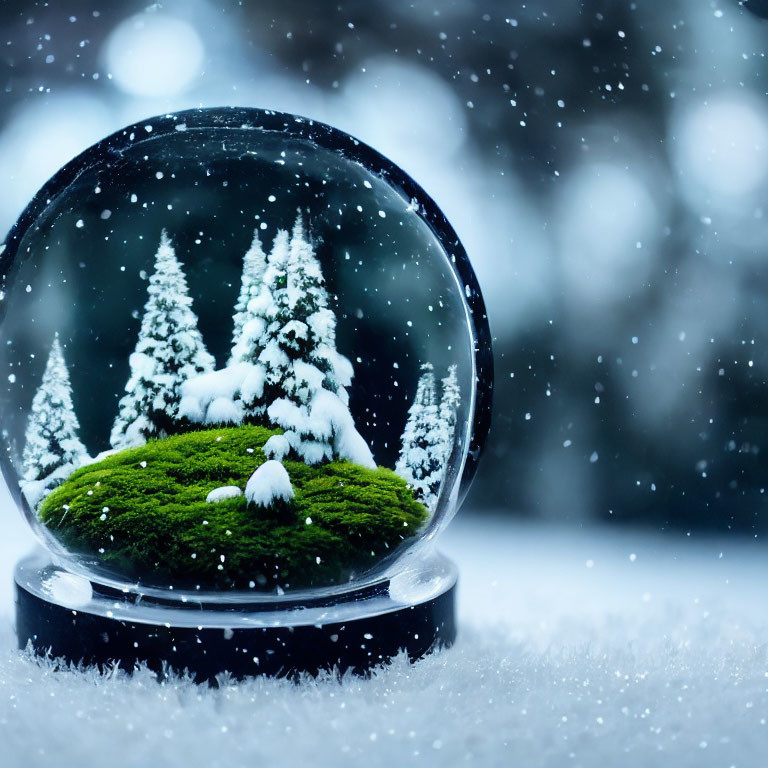 Winter Snow Globe with Snowy Pine Trees on Mossy Base