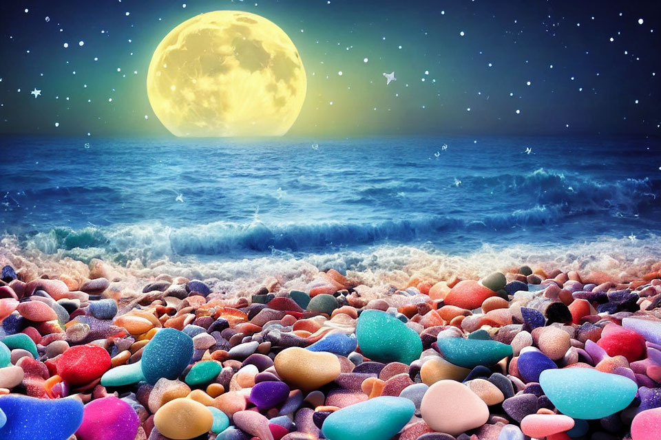 Colorful Pebble Beach Night Scene with Yellow Moon and Starry Sky