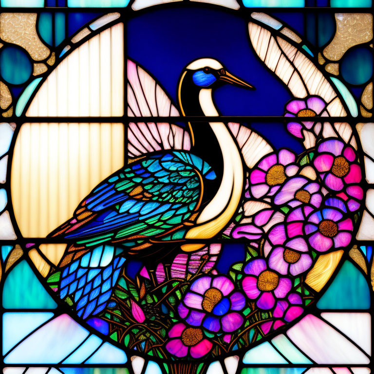 Colorful stained glass artwork with peacock, pink flowers, blue sky, and beige shapes