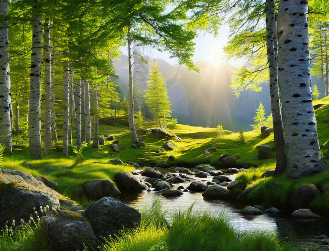 Serene forest sunrise with stream, tall trees, and green meadow