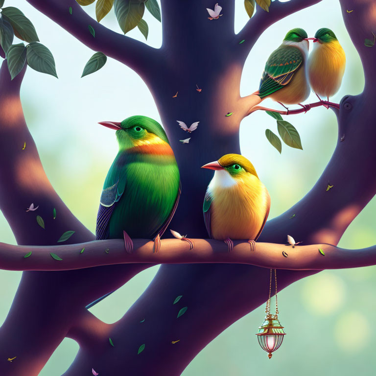 Vibrant illustrated birds on whimsical tree branch with birdhouse