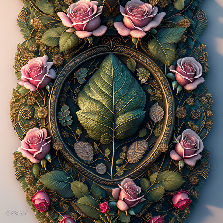Symmetrical composition with green leaf, ornate patterns, pink roses in vintage frame