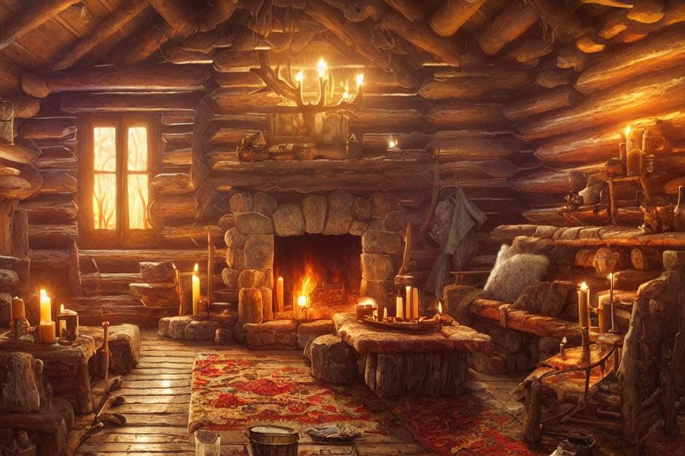 Rustic log cabin interior with fireplace, candles, and warm lighting