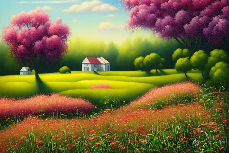 Colorful Landscape Painting: White House in Green Fields