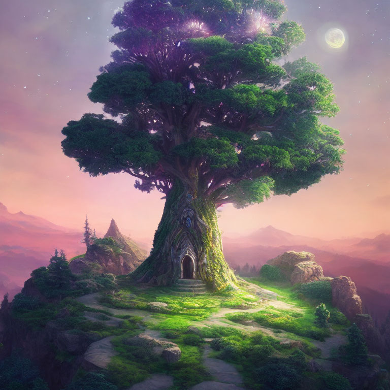 Mystical giant tree with door on hill under twilight sky