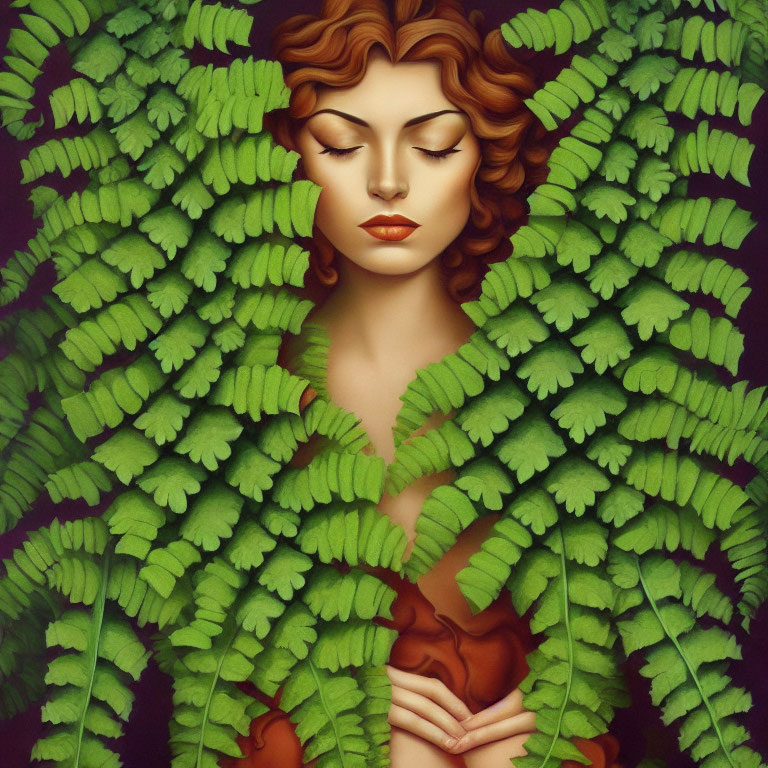 Curly-haired woman in serene pose among lush green fern leaves
