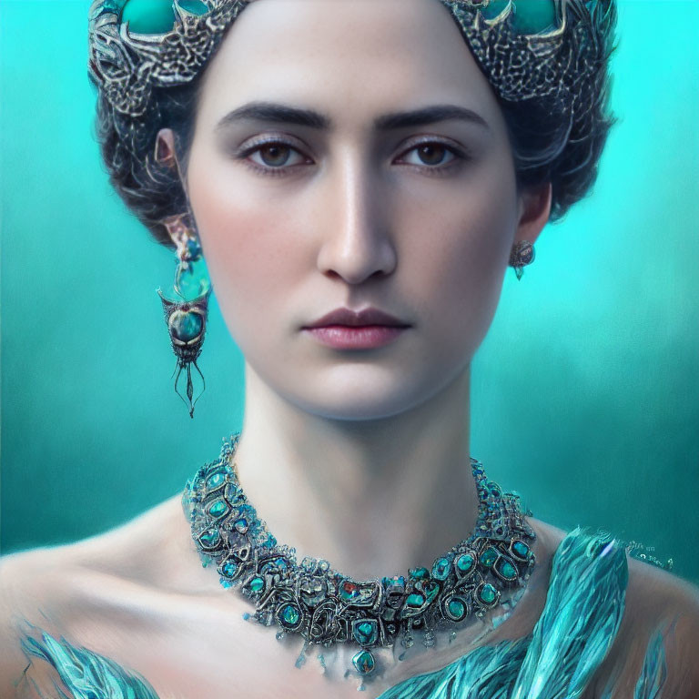 Intense gaze woman portrait with turquoise jewelry and feathered garment on teal backdrop