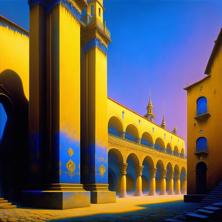 Colorful architectural scene with yellow buildings, blue shadows, arched colonnades, and tower under