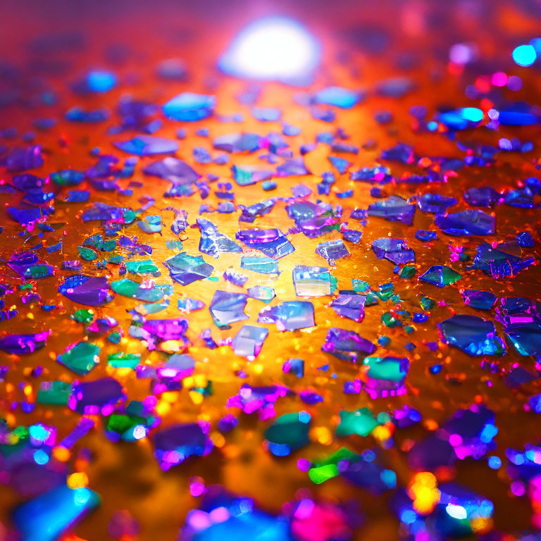 Colorful iridescent glitter fragments with warm light source.