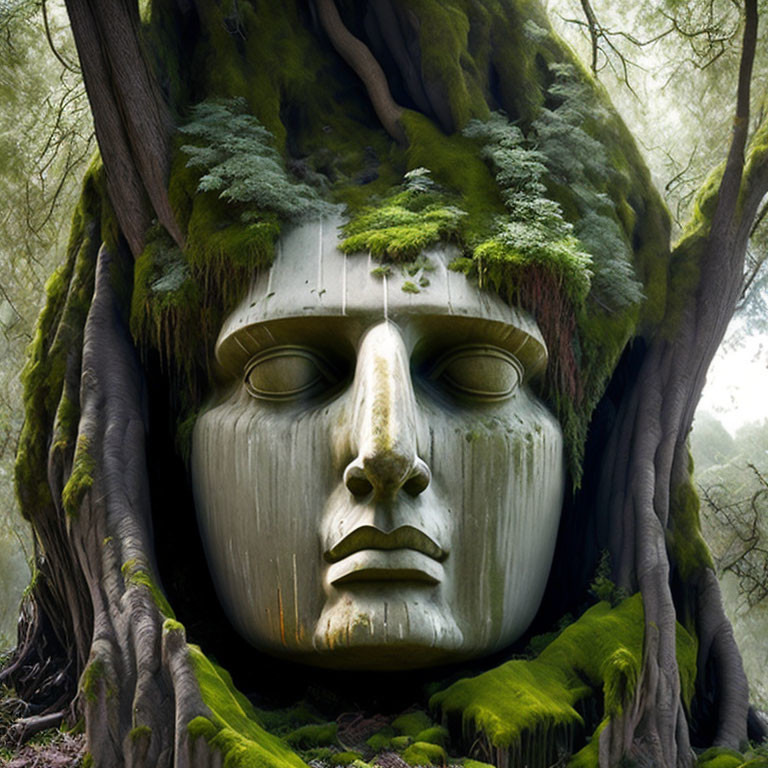 Serenity portrayed with forest elements in a face blending artwork