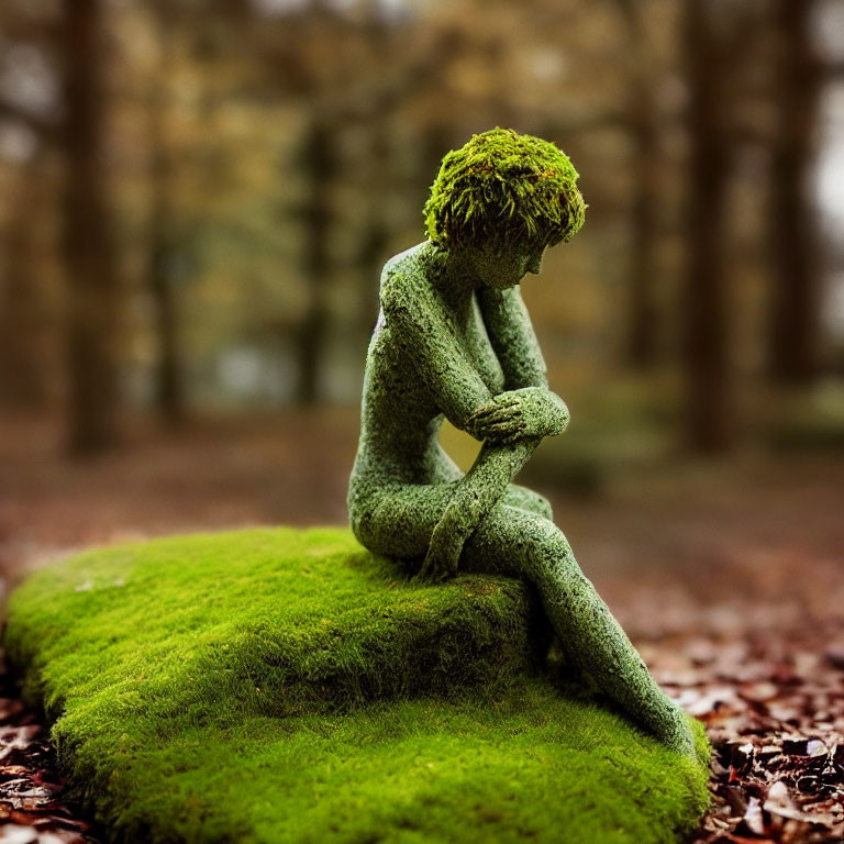 Moss-Covered Seated Person Sculpture in Forest Setting