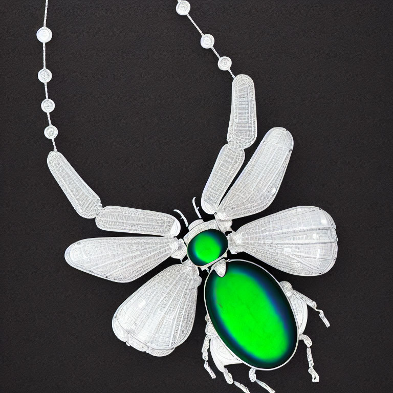 Silver Necklace with Large Green Beetle-Shaped Gemstone