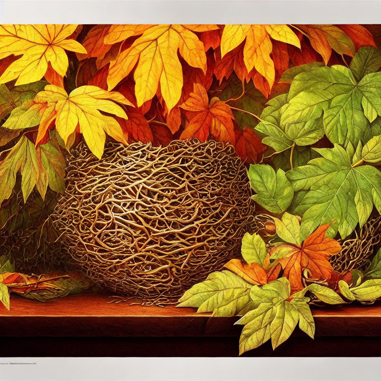Detailed Illustration of Vibrant Autumn Leaves and Twig Nest