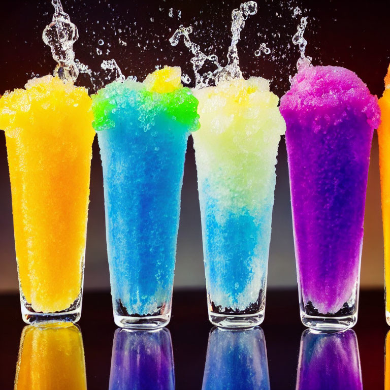 Vibrant slushies in clear glasses with colorful splashes on dark background