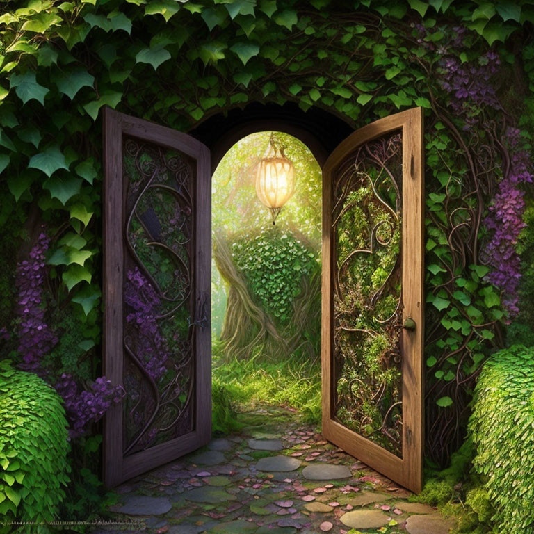 Ornate wooden door opens to lush green pathway with flowers under leafy canopy