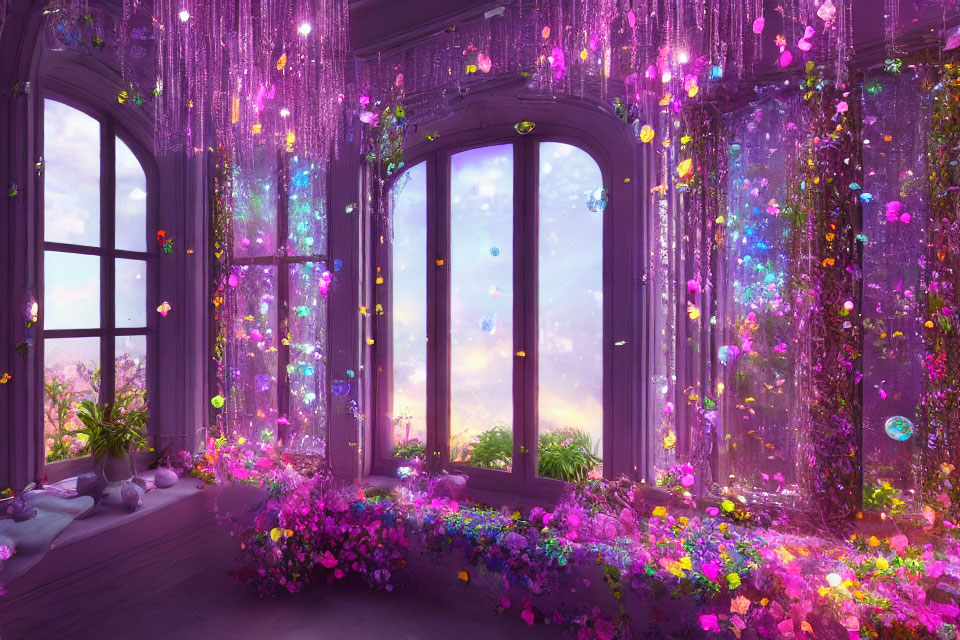 Fantasy room with large windows, soft purple light, cascading flowers, glowing orbs, and hanging