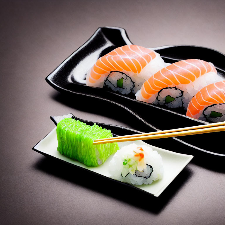 Salmon-topped sushi rolls on star-shaped plate with wasabi and chopsticks