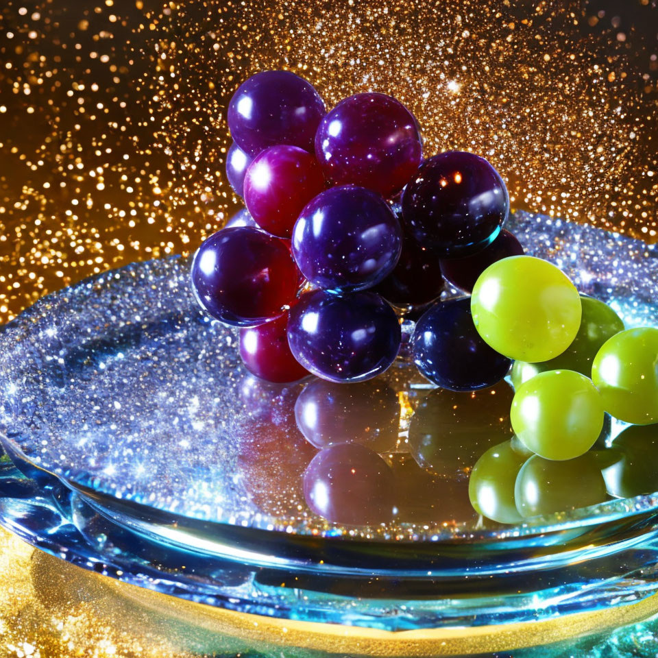 Purple and Green Grapes on Blue Plate with Golden Sparkle