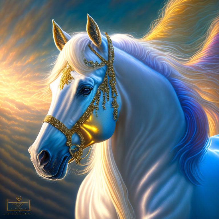 White Horse with Golden Jewelry Under Dramatic Sky