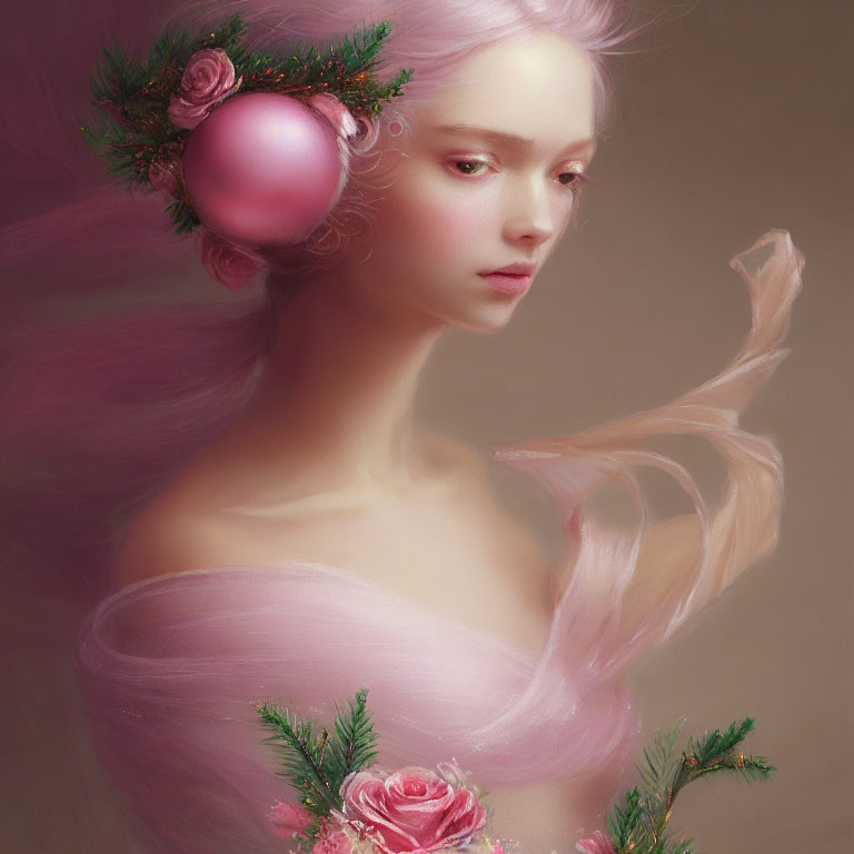 Ethereal portrait featuring person with pink aesthetic and floral wreath
