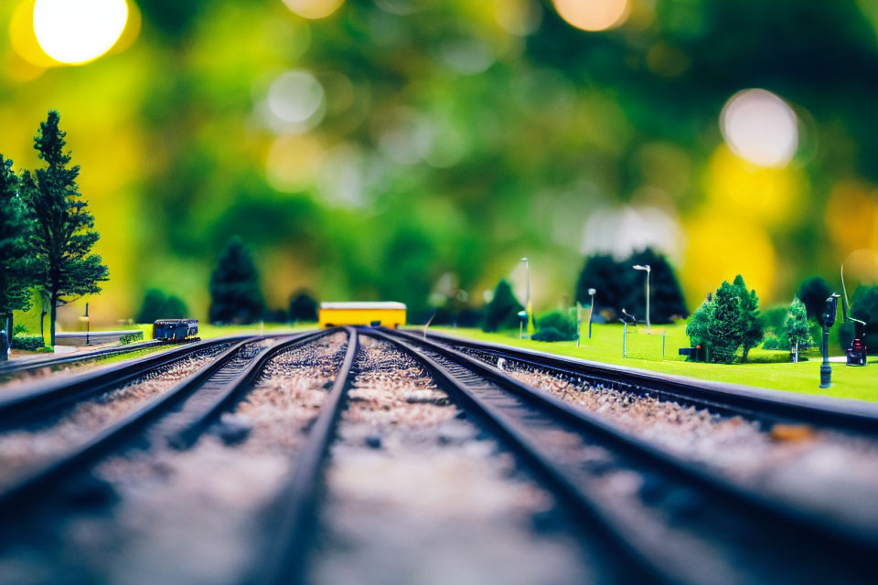 Detailed miniature model train setup with vibrant greenery and tiny trees mimicking outdoor railroad scene