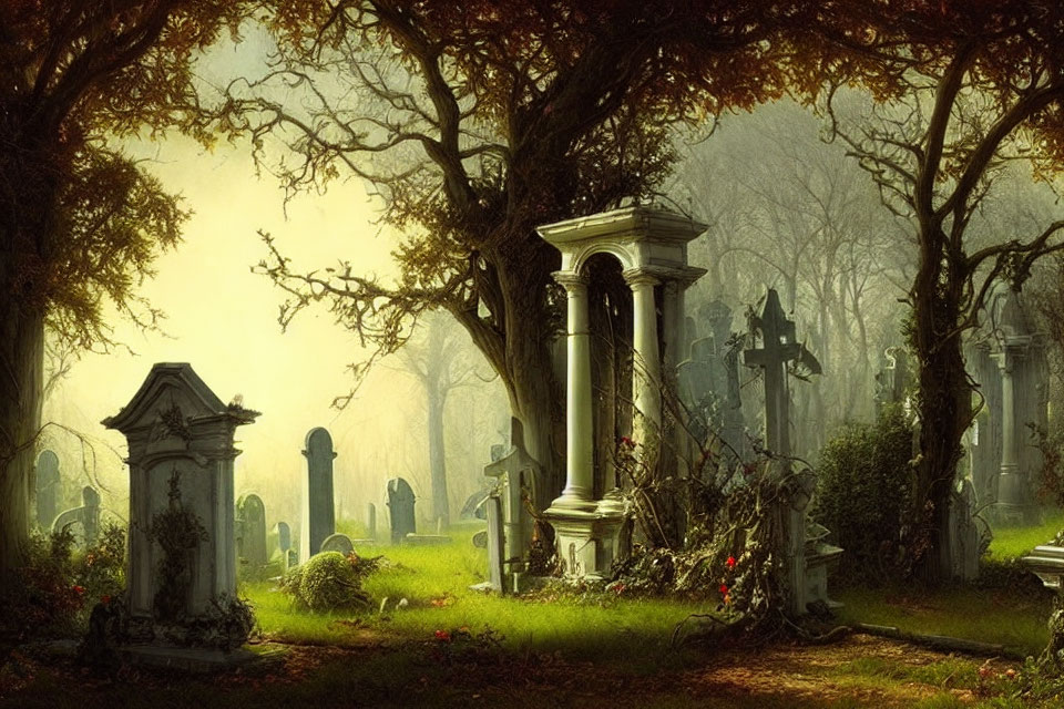 Lush Green Cemetery with Ancient Headstones and Classical Column