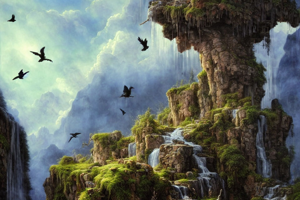 Scenic floating island with waterfalls, greenery, and birds under cloudy sky