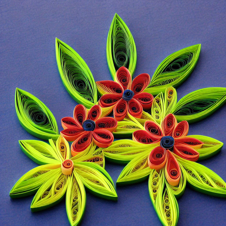 Vibrant quilled paper art of layered flowers on blue background