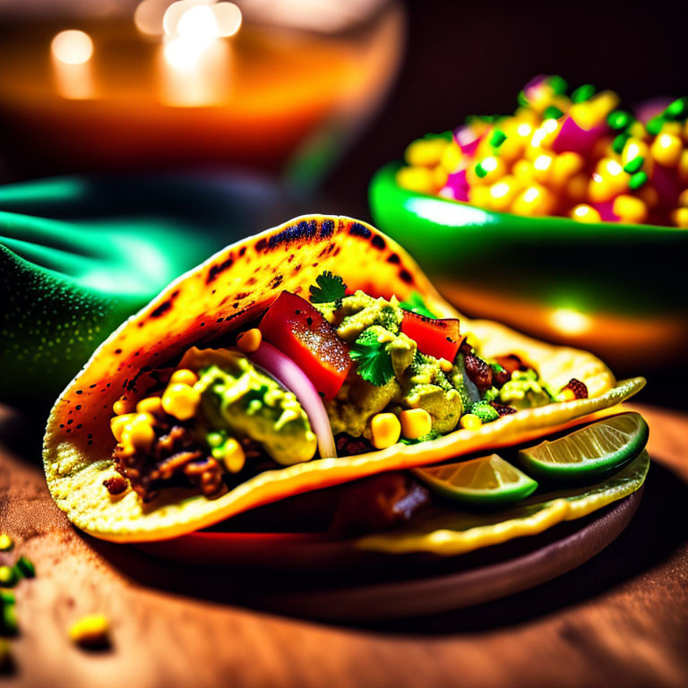 Colorful Avocado, Corn, and Herb Taco with Lime on Wooden Table
