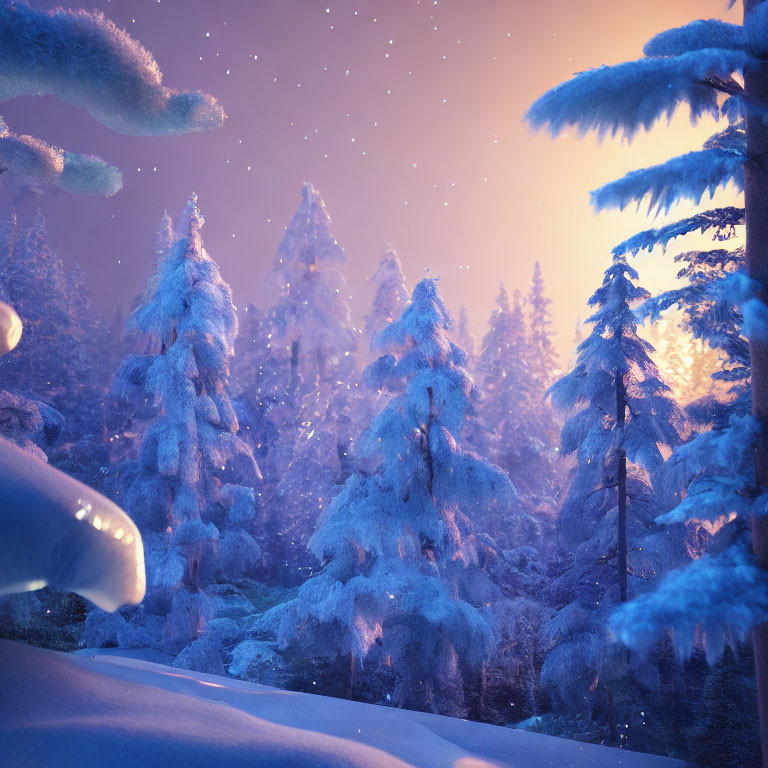 Snow-covered pine trees in pink twilight with gentle snowfall - serene winter scene