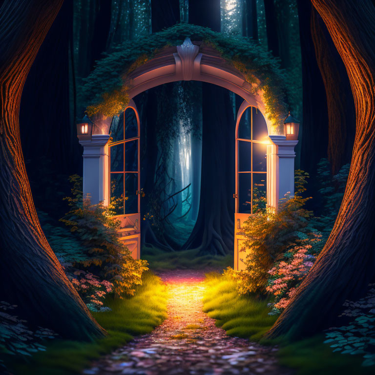 Enchanted open door with glowing lanterns in mystical forest