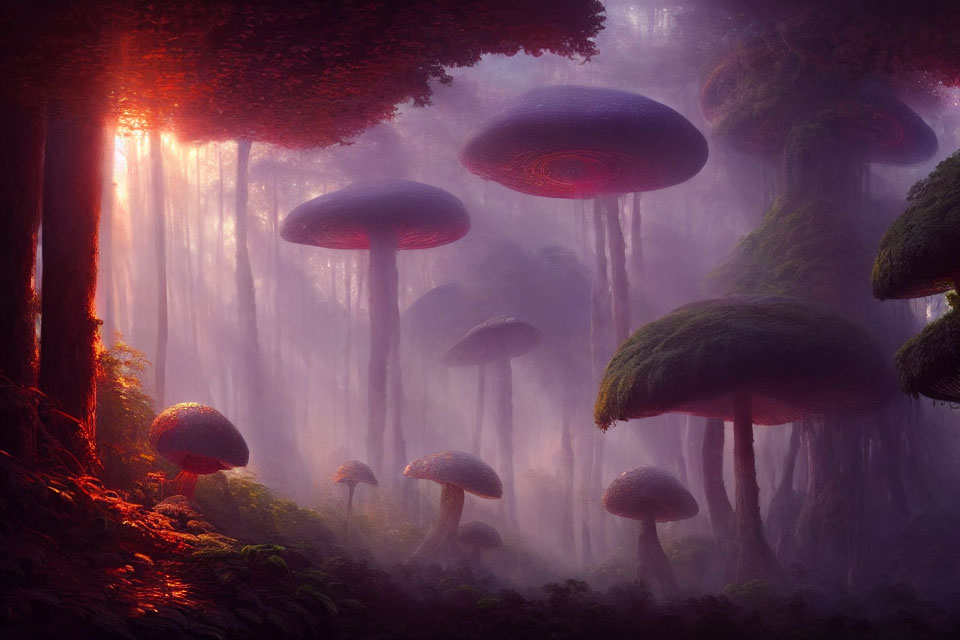 Enchanted forest with oversized mushroom-like trees in soft light