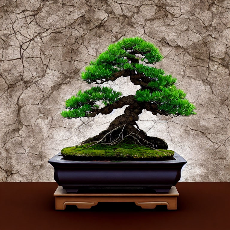 Lush green bonsai tree in glossy pot on cracked earth background